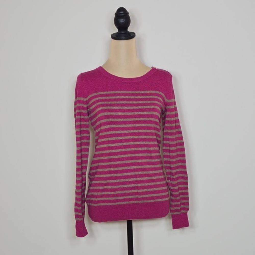 Banana Republic Striped Crew‎ Neck Sweater Pink Beige Gold Zipper Size S